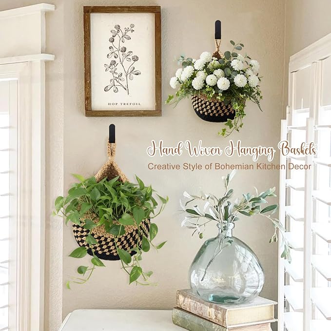 3 Hanging Baskets,Linen with Black,Teardrop,Cotton Rope | Wicker Wall Baskets with Hooks for Fruit Vegetable Onion Storage, Teardrop Organizer for Kitchen, Boho Farmhouse Decor