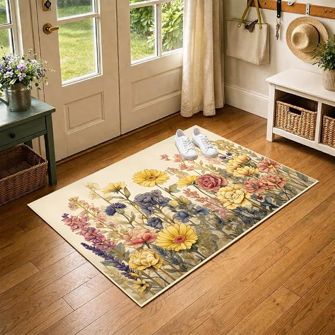 Vintage Floral Faux Cashmere Area Rug 15.7 x 23.6 Inch, Non-Slip Mat (Light Yellow)