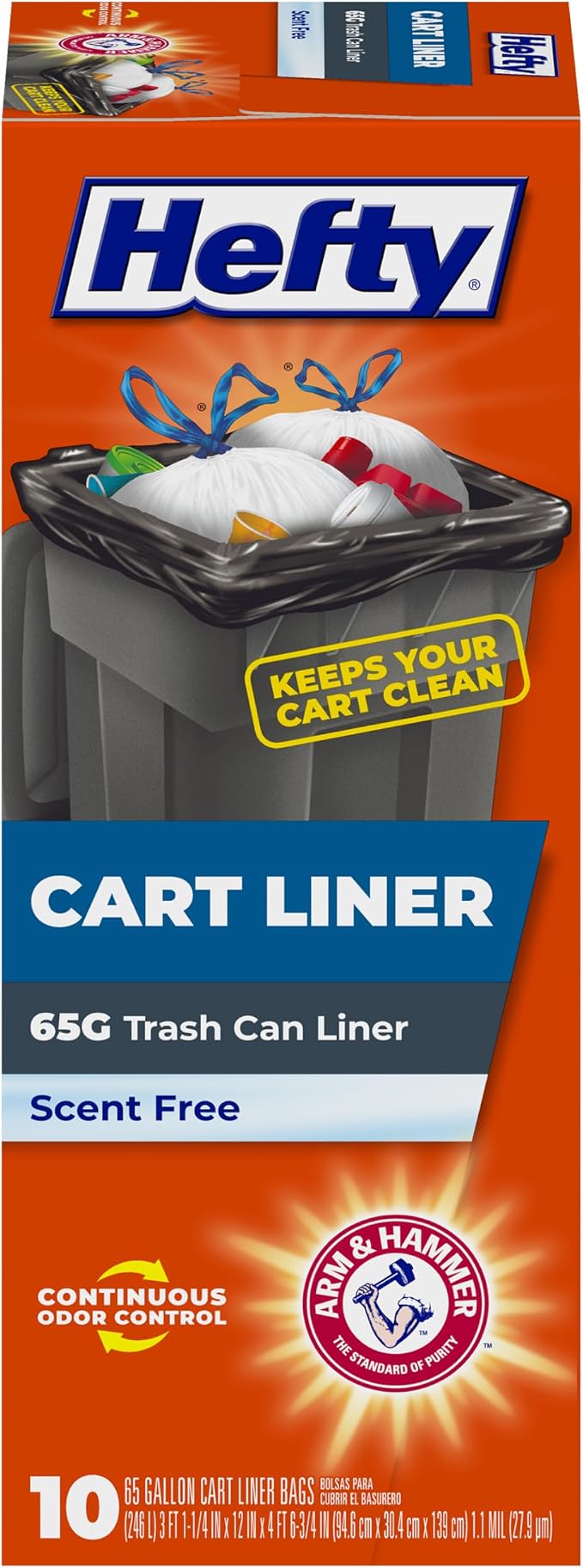 Hefty 65 Gallon Cart Liner Extra Large Trash Bags, Black, Unscented, 10ct | Fits Residential Curbside Carts and Trash Cans with Wheels, Drawstring Closure, Arm and Hammer Odor Control
