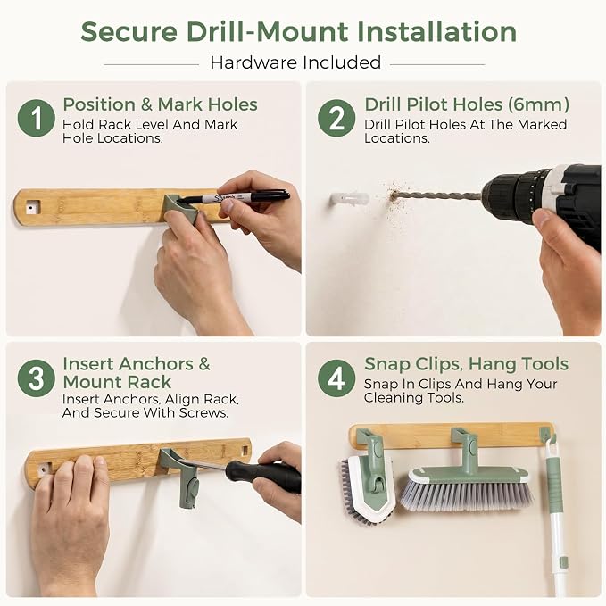DEANIC 4-in-1 Mop Broom Brush with Holder Wall Mount Set | Floor Cleaning Tool Set with Extendable Handle (43 in to 49 in) ,Triangle Scrub Brush for Home Kitchen Bathroom Hardwood