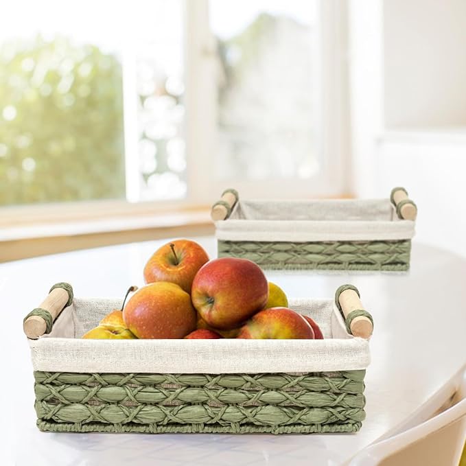 Storage Basket Wicker Baskets for Organizing with Handle Decorative Storage Bins for Countertop Toilet Paper Storage Basket for Toilet Tank Top Small Baskets Set (Set of 2,Green) | Toilet Paper Storage Basket for Bathroom Bedroom Home Farmhouse Decor,S...