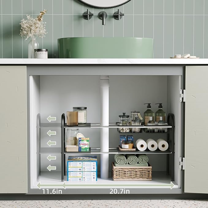Under Sink Organizers and Storage,Expandable under cabinet organizer Shelf | 2 tier expandable shelf for kitchen,bathroom,6 Removable ABS Panels and 2 Baskets,Adjustable partition height,20.7-32.3" W