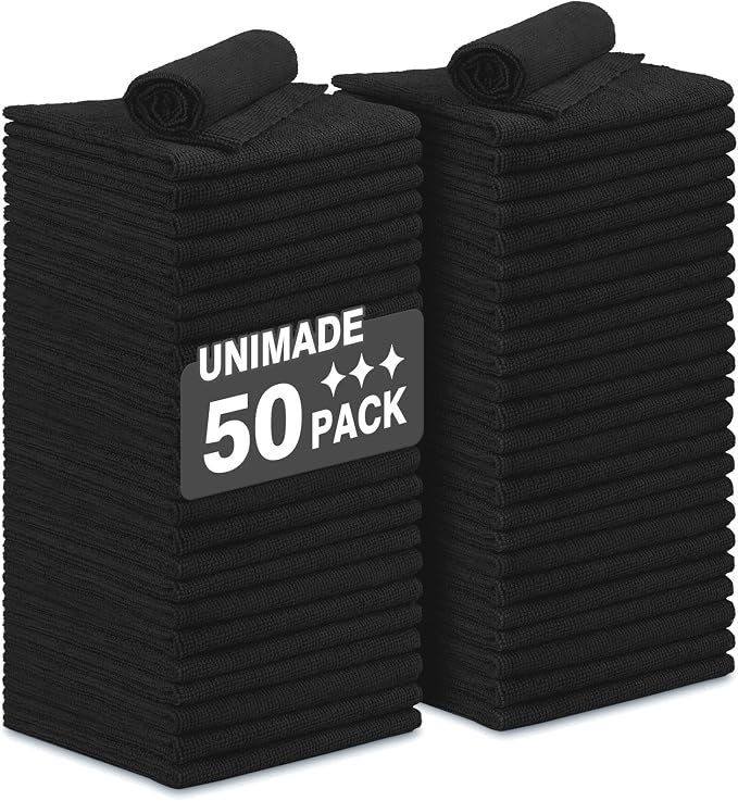Microfiber Cleaning Cloth, 50 Pack Microfiber Towels | Cars Reusable Shop Rags Bulk Lint Free Cleaning Towels for Car Kitchen Automotive Bar Mechanic Garage, 11.5"x 11.5", Black