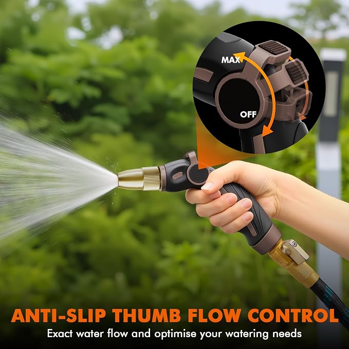 RESTMO Garden Hose Nozzle, Heavy Duty Water Hose Sprayer Nozzle, Brown | Brass Head, Thumb Control, Adjustable 4 Spray Patterns, Leak-proof, Metal Hose Nozzle for Outdoor Lawn & Plant & Car