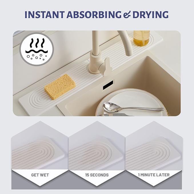 Stone Faucet Mat for Kitchen Sink Diatomite Stone Drying Mat | Sink Splash Guard Water Absorbing Stone Tray for Sink, Counter Protector Matt for Kitchen & Bathroom