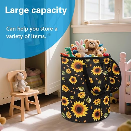 BIGCARJOB Sunflower Collapsible Trash Can Portable Tall Trash Can Oval Recycling Bin 22.83x17.71 Outside Garbage Bin Storage Bag with Clip and Zipper Lid