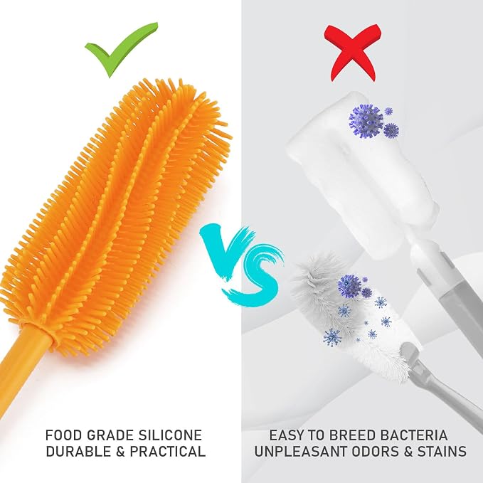 Silicone Bottle Brush, 15.7" Water Bottle Cleaner Brush, Orange | Water Bottle Cleaner for Baby Bottles, Hydro Flask, Sports Bottle, Vase, Glassware, for Smaller Diameter Bottle Openings