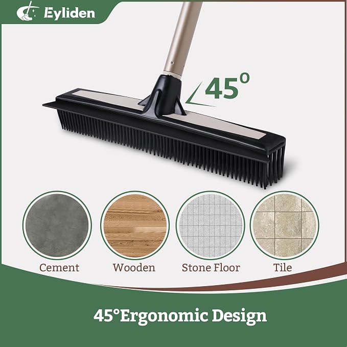 Eyliden Rubber Carpet Rake with Squeegee for Pet Hair & Floor Water Removal | 2-in-1 Push Broom, Fur Brush for Carpet Rug, Scrape for Liquid Spills on Hardwood Tile, 54" Telescopic Handle, 45° Angle Head