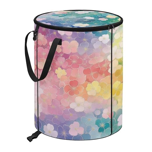 Watercolor Flower Pop up Camping Trash can with lid Collapsible 24 Gallons Trash can with Sorting Clips,Garden Garbage Bag with Lid,Lawn and Leaf Bags - Reusable Yard Waste Bags