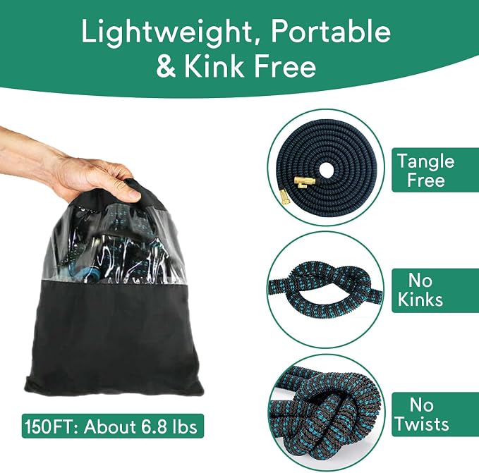Expandable Garden Hose 150ft with 10 Function Nozzle, 2026 New No Kink Flexible Water Hose 150 ft, Lightweight, Leak-proof, 3/4" Solid Metal Fittings, 3750D Outer Fabric, Sturdy Retractable Latex Core