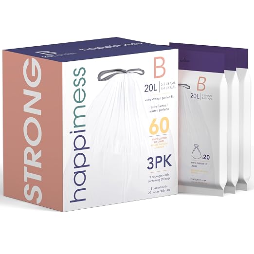 happimess 20-Count Unscented 5.3 Gal Trash Bags, White, Pack of 3 | Kitchen Can Liners, Drawstring, Heavy Duty LDPE Plastic, Tear-Resistant, Recyclable, Custom Fit