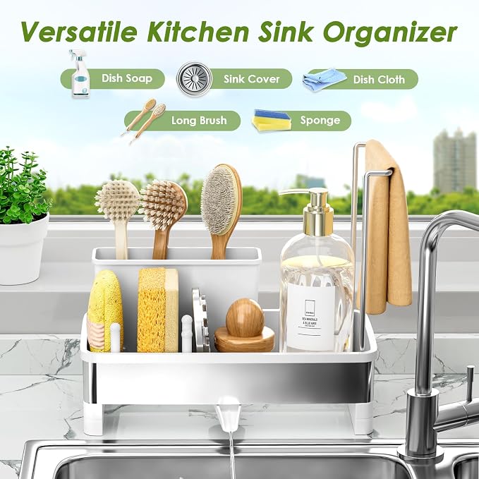 Ewaiira Stainless Steel Sink Caddy, Sponge Holder for Kitchen Sink 9.8″ | with Brush Holder & Dishcloth Rack, Rustproof Organizer Countertop, Soap Kitchen Organizers Storage Essentials, White