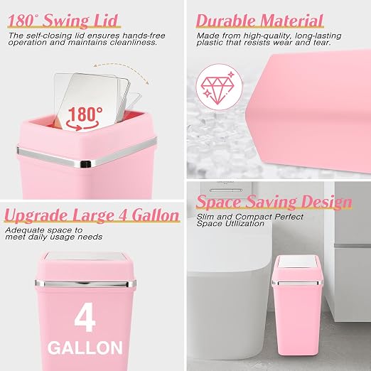 Bathroom Trash Can with Lid 4 Gallon Pink Trash Can with Swing Lid Bedroom Trash Can Small Garbage Can with 150 Counts Trash Bags for Bathroom Bedroom Office Restroom Dorm