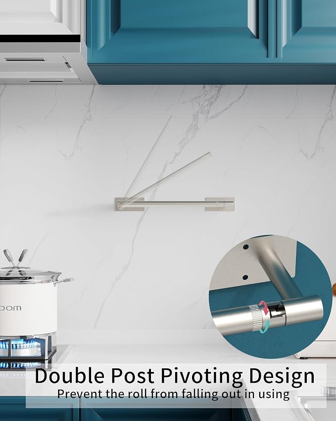 Paper Towel Holder Under Cabinet with 2Hooks Self Adhesive Silver | Brushed Nickel 304 Stainless Steel Post Pivoting Design, Wall Mount for Kitchen Waterproof & Rustproof, Square Base