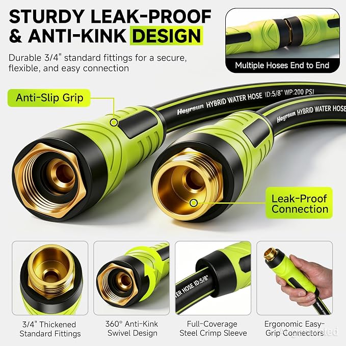 Garden Hose 75ft x 5/8", NON-EXPANDABLE Water Hose Heavy Duty, Flexible, Lightweight, Kink Resistant & Outside Hybrid Hose, Male to Female Fittings