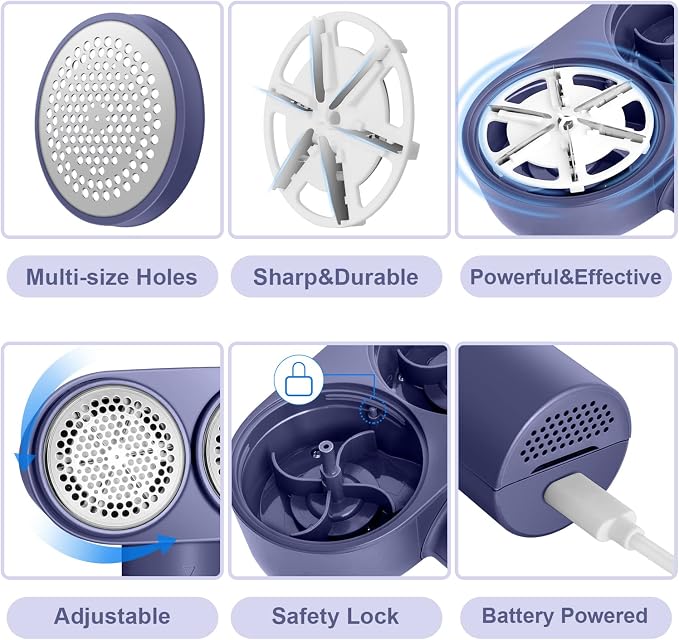Fabric Shaver, Dual Motor Electric Lint Shaver for Clothes, 6 Blades, Purple