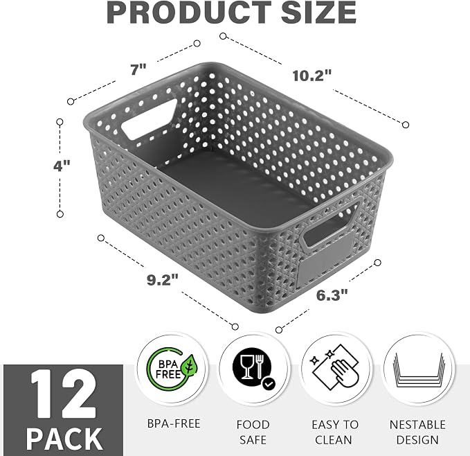12 Pack Plastic Storage Baskets for Organizing, Storage Baskets for Shelves with Handles, Small Storage Bins with Labels, Classroom Storage Organization for Cabinet,Closet, Office,Gray