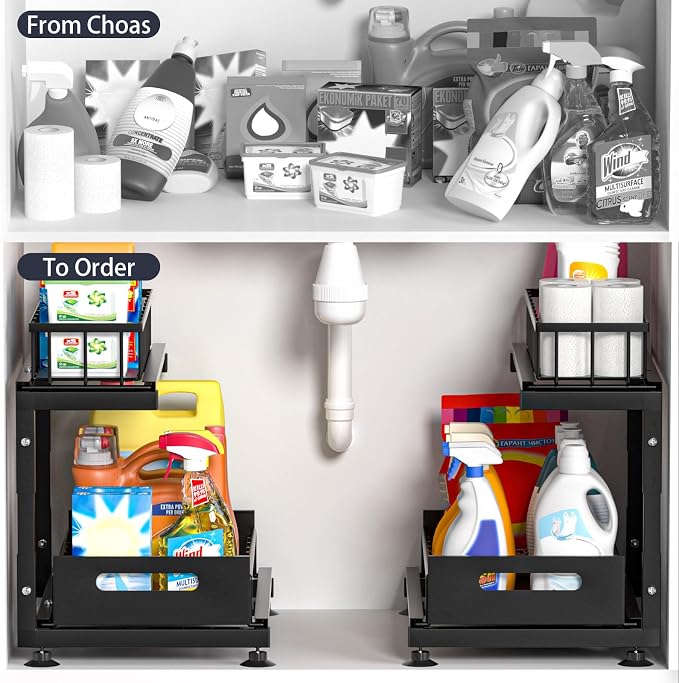 Saydear 2-Pack L-Shaped Under Sink Organizer, 2-Tier Pull-out Cabinet Rack | Black Height-Adjustable Metal Rack, Sliding Grid Drawers with Safety Stopper, Holds 100 Lbs, Ideal Kitchen Cabinet Storage