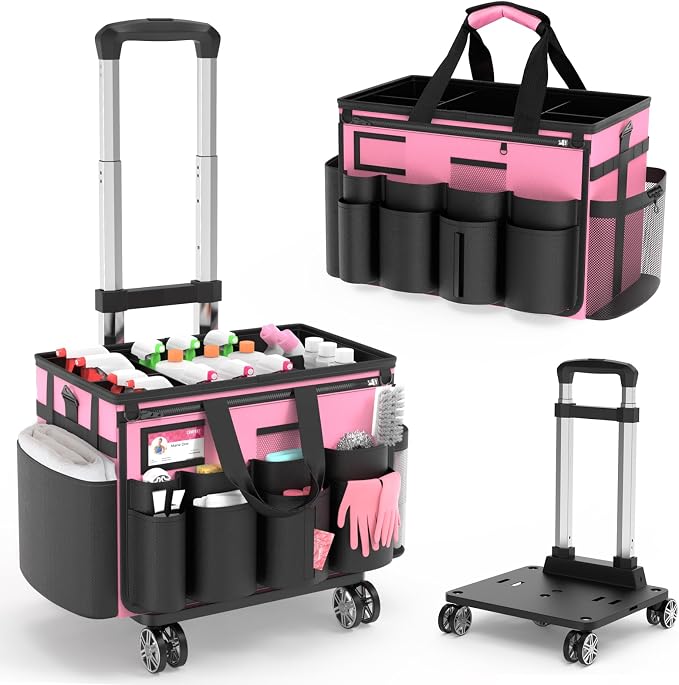 Cleaning Caddy with Wheels - Rolling Cleaning Caddy Bag with Detachable Trolley, Cleaning Caddy for Cleaning Supplies, Cleaning Bag for Housekeeping, Pink