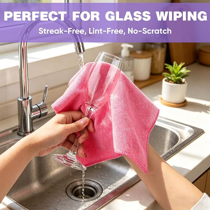TEAWOO 10 PCS Pink Microfiber Cleaning Cloths, Assorted Cleaning Rags | Microfiber Towels, Car Towels, Kitchen Towels, Bathroom Towels, Household Cleaning, 11.8"X11.8"
