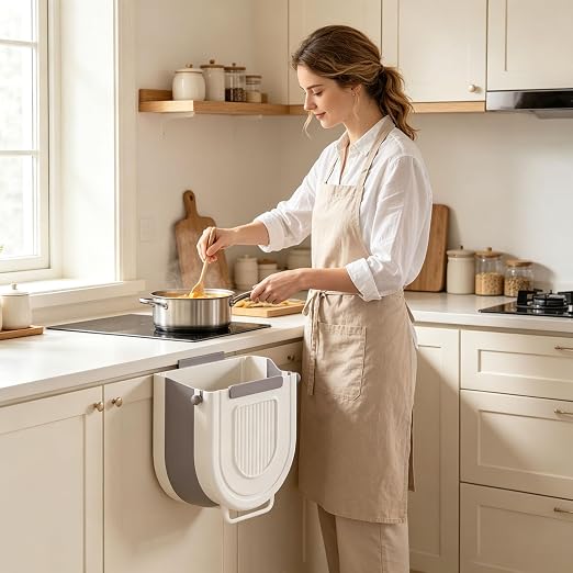 Multipurpose Hanging Collapsible Trash Can for Kitchen, Foldable Waste Bin with Space Saving Design, Wall Mount Cabinet Door Garbage Can for Peels Recycling (Grey, Large)