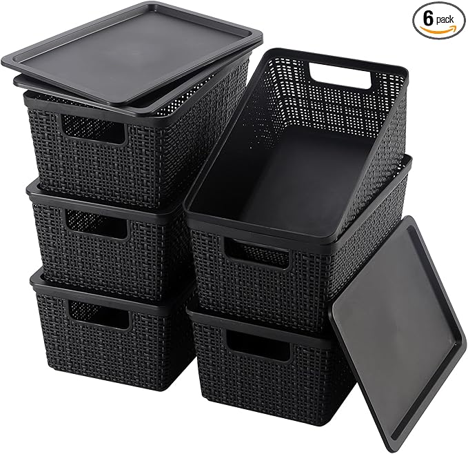 6 Pack Plastic Storage Baskets with Lid,Black Stackable Bins | Durable Woven Plastic With handle Breathable,Save space ,For Organizing Desktops, Closets, Playrooms, Classrooms, Offices