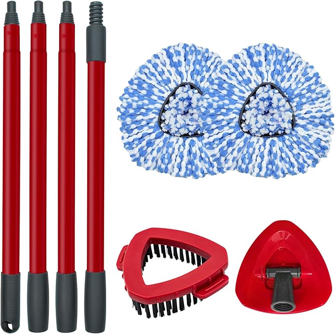 Spin Mop Replace Head, Base, Scrubber, Mop Handle for OCedar RinseClean 2-Tank System, Include 2 Microfiber Mop Refills, 1 Mop Handle, 1 Base and 1 Scrub Brush for Dry Wet Use Floor Deep Cleaning