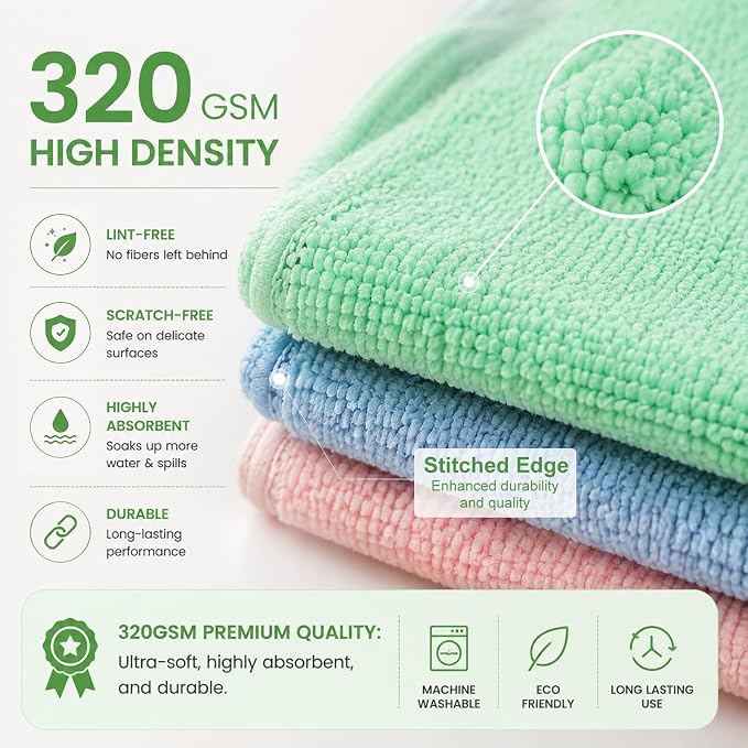 Microfiber Cleaning Cloths, Ultra-Soft and Highly Absorbent, Streak-Free, Lint-Free, Scratch-Free, Washable, for Car Detailing and Glass Cleaning,12" x 12", Green/Blue/Pink, 12-Pack