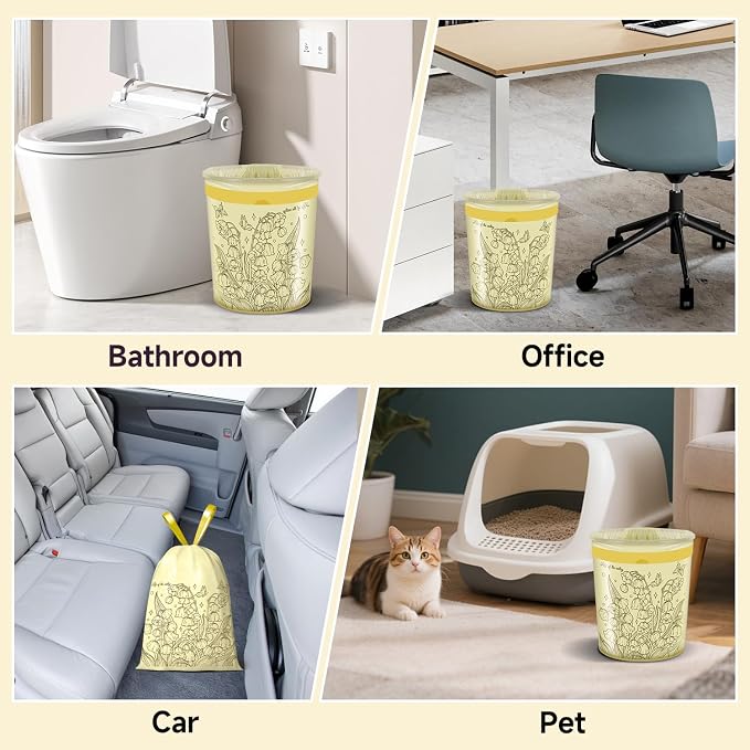 Lily of the Valley Scented Small Garbage Bags,Trash Bags 4 gallon Drawstring For Bathroom,Office,Bedroom,Car,Suitable for 2-4 gallon trash can,colorful Print,yellow,50 Counts