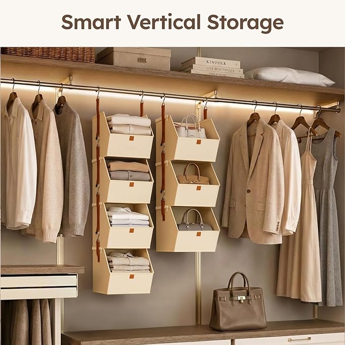 Collapsible Hanging Closet Organizer - 6 Tier Closet Shelves Storage System with Hooks, Fabric Hanging Storage Bins for Clothes, Foldable Storage Basket for Laundry, Bedroom, Rv, Beige