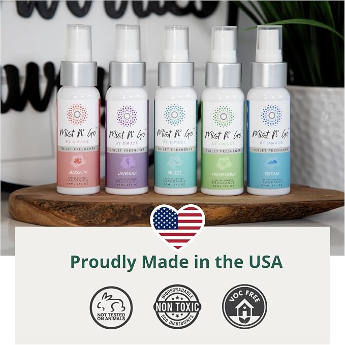 Mist N’ Go by Omaze Travel Bathroom Spray for Toilet Spray Odor Eliminator - Travel Toilet Spray for Bathroom Air Freshener Spray for Bathroom Deodorizer - Dream Regular Size (2oz x5)