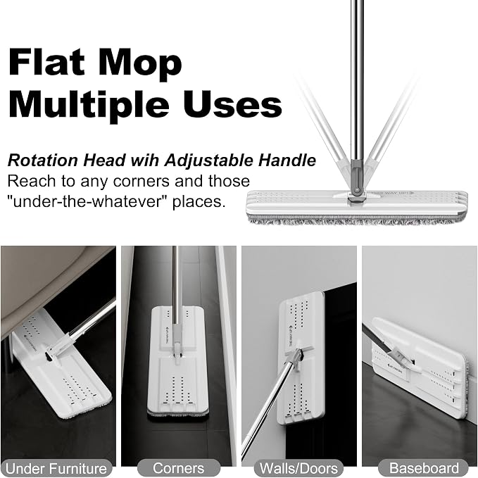 BOSHENG Mop and Bucket with Wringer Set, Flat Floor Mop and Bucket, with 3 Microfiber Mops for Floor Cleaning, Wet and Dry Use for Household Cleaning - White