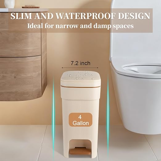 Small Bathroom Trash Can with Lid Slim Step Garbage Can 4 Gallon Cream | Stylish Decor Soft Close Trash Bin Plastic Wastebasket with Trash Bags for Kitchen Bedroom Office Living Room Toilet College