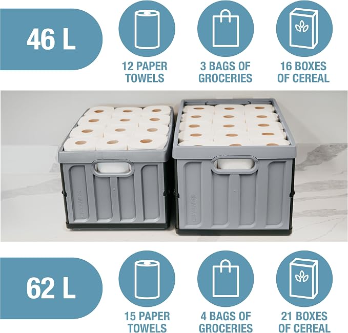 CleverMade Collapsible Storage Bin (With Lid) - 46L - Stone (3PK) | Keep Stored Items Covered and Stackable | Each Bin Holds 75 lb, the Lid Stores Underneath, and the Crate Folds to 2.5 Inches