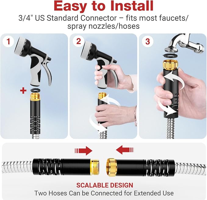 Lefree 200ft Heavy Duty Stainless Steel Garden Hose | No‑Kink Leak‑Proof Crush Resistant &10 Pattern Nozzle for Large Lawn RV Camping Long Range Yard Irrigation