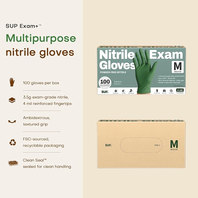 SUP Powder-Free Nitrile Exam Gloves, 100 Count Food Safe Latex-Free Disposable Gloves for Medical Lab Cooking Cleaning, Green