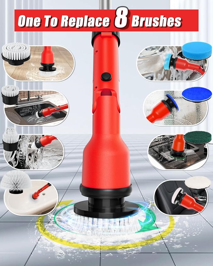 Uniqwamo Electric Spin Scrubber Compatible for Milwaukee 18V Battery | 1000 RPM Battery Powered Scrubber with Adjustable Extension Arm & 8 Brushes & Gloves for Tub/Tile/Floor(Battery NOT Included)