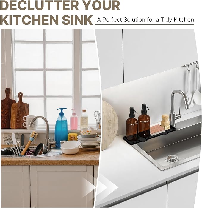 Kitchen Soap Dispenser Set with Self Draining Silicone Tray, Brush, Sponge | Hand and Dish Soap Dispenser Set, 2 x 17oz Amber Glass Soap Dispensers, Stainless Steel Pumps, Kitchen Sink Organizer