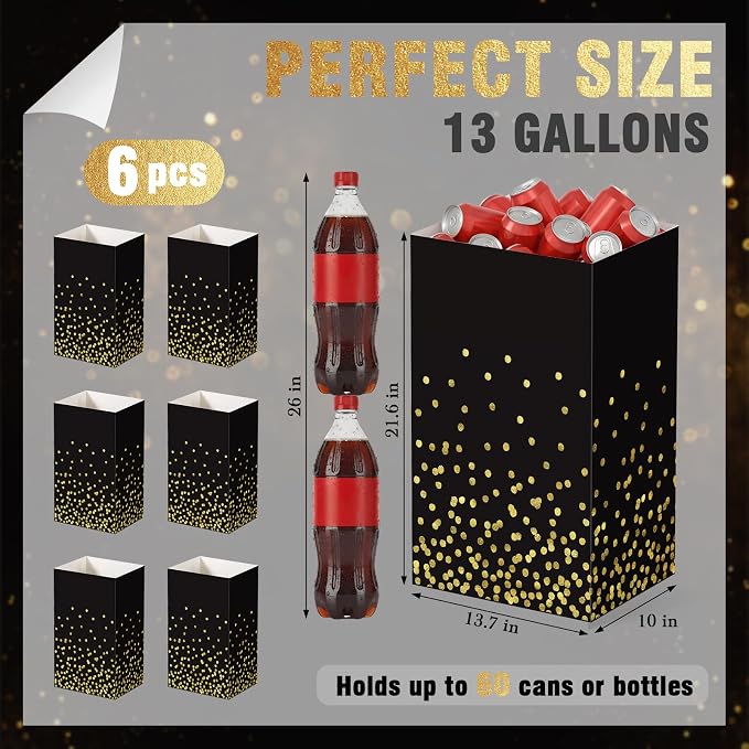 Tinlade 6 Pack 13 Gallon Pop up Trash Cans Black and Gold Disposable Garbage Cans for Party Large Waterproof Trash Can Foldable Bins for Graduation Prom Birthday Anniversary Party Gathering