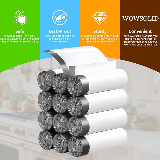 2.6 Gallon Mini Drawstring Trash Bags, 360 Count 1.2 Mil Thick Small Garbage Bags by WOWSOLID, Fit Liners 7.5-10 Liter, 2-3 Gal, Trash Can Bin for Bathroom, Kitchen, Bedroom, Office