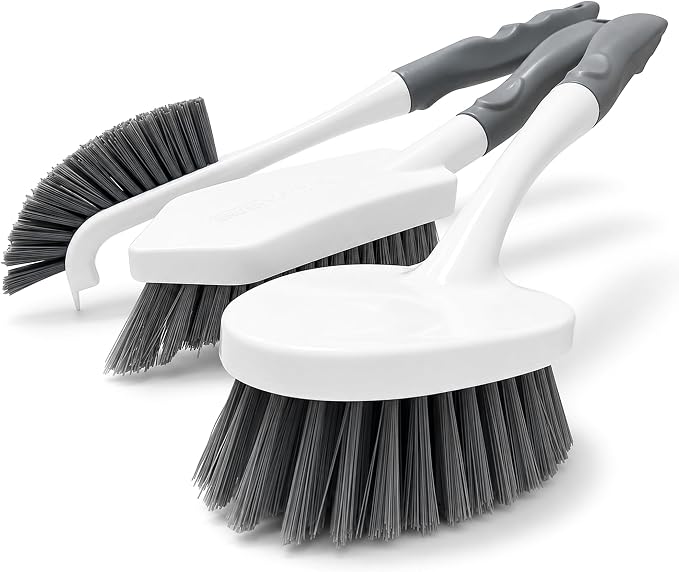 3PCS Heavy Duty Scrub Brush Set - Shower Cleaning Brushes for Bathroom | Corner brush with scraper, V-shape grout brush & stiff scrubber. For grout, tracks, crevice, shower, tub & floor.