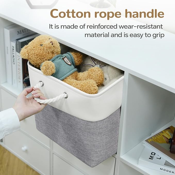 12x12 Inch Foldable Fabric Cube Storage Bins with Handles 4 Pack | Sturdy Metal Strand, Cardboard Support Molding, Storage Basket, Cube Storage Bin for Shelves, Closet, Bedroom, White/Gray