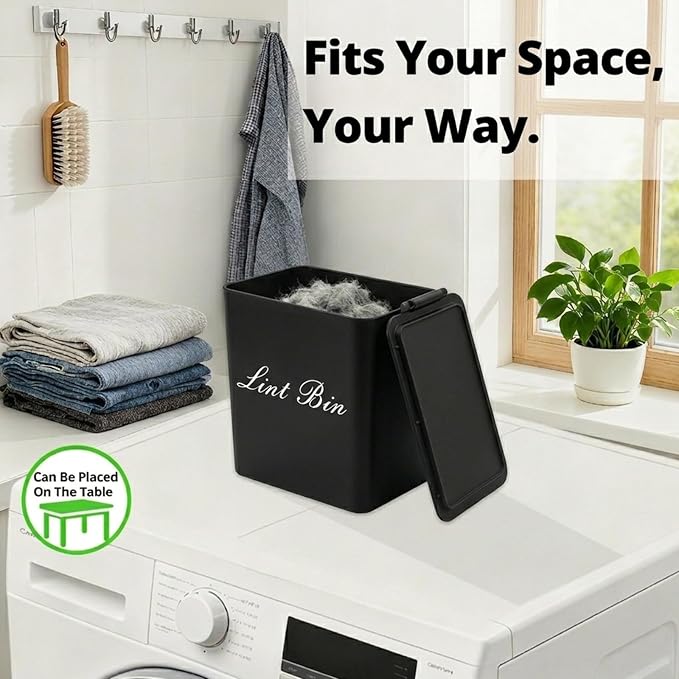 Artilife Magnetic Plastic Black Lint Bin with Lid for Laundry Room, 6 X 5 Inch Compact Wall Mount Lint Holder for Dryer, Small Black ABS Trash Can for Dryer Lint and Sheets