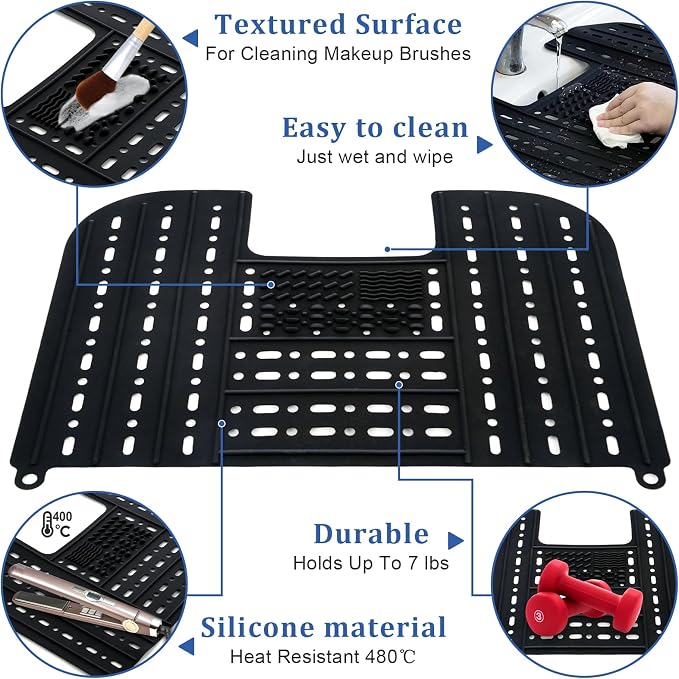 Sink Cover for Counter Space, Silicone Makeup Brush Cleaning Mat Foldable Sink Cover Bathroom Cover for Counter Space Saver Rv Camper Travel Must Haves Accessories - 22 * 17" Black
