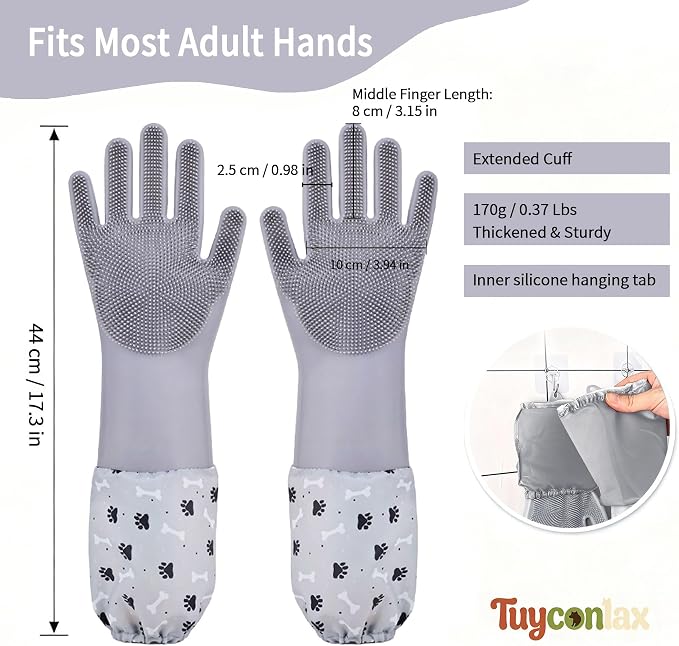 Long Sleeve Dog & Cat Washing Gloves, Pet Bathing Grooming Tool (Gray)