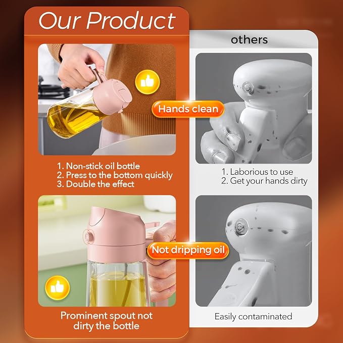 YARRAMATE 16oz/470ml Glass Olive Oil Sprayer for Cooking with Stickers, 2 in 1 Oil Dispenser for Kitchen Gadgets, Food Grade Premium Spray Bottle for Salad, Frying, BBQ (PeachPink)