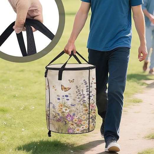 Daisy Butterfly Outdoor Trash Can with Lid Collapsible Camping Pop up Trash Can 24 Gallon Waterproof Foldable Garden Garbage Bin for Camping Hiking Backyard Parties 23 x 18 inch