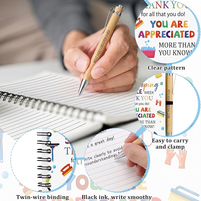 Resurhang 12 Sets Housekeeping Week Appreciation Gifts Bulk Spiral Notebook and Housekeeper Thank You Bamboo Pens with Sticky Tags for Staff House Cleaner Custodian Staff Employees