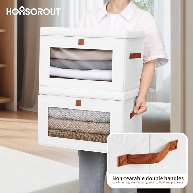 Homsorout Large Clothing Storage Bins - Collapsible Boxes with Handles & Window, Decorative Organizer Bins with Lids, Fabric Containers for Living Room, Dorm, 4 Pack, White