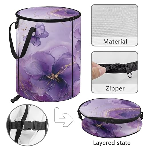 doginthehole Purple Flowers Collapsible Trash Can with Lid Aesthetic Marble Texture Trash Can Waterproof Portable 23 Gallon Waste Bin for Camping, Beach, Picnic, Patio Home Outdoor Decor